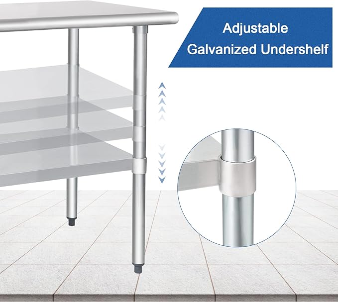 HARDURA Stainless Steel Table 24X60 Inches with Undershelf and Galvanized Legs NSF Heavy Duty Commercial Prep Work Table for Restaurant Kitchen Home and Hotel