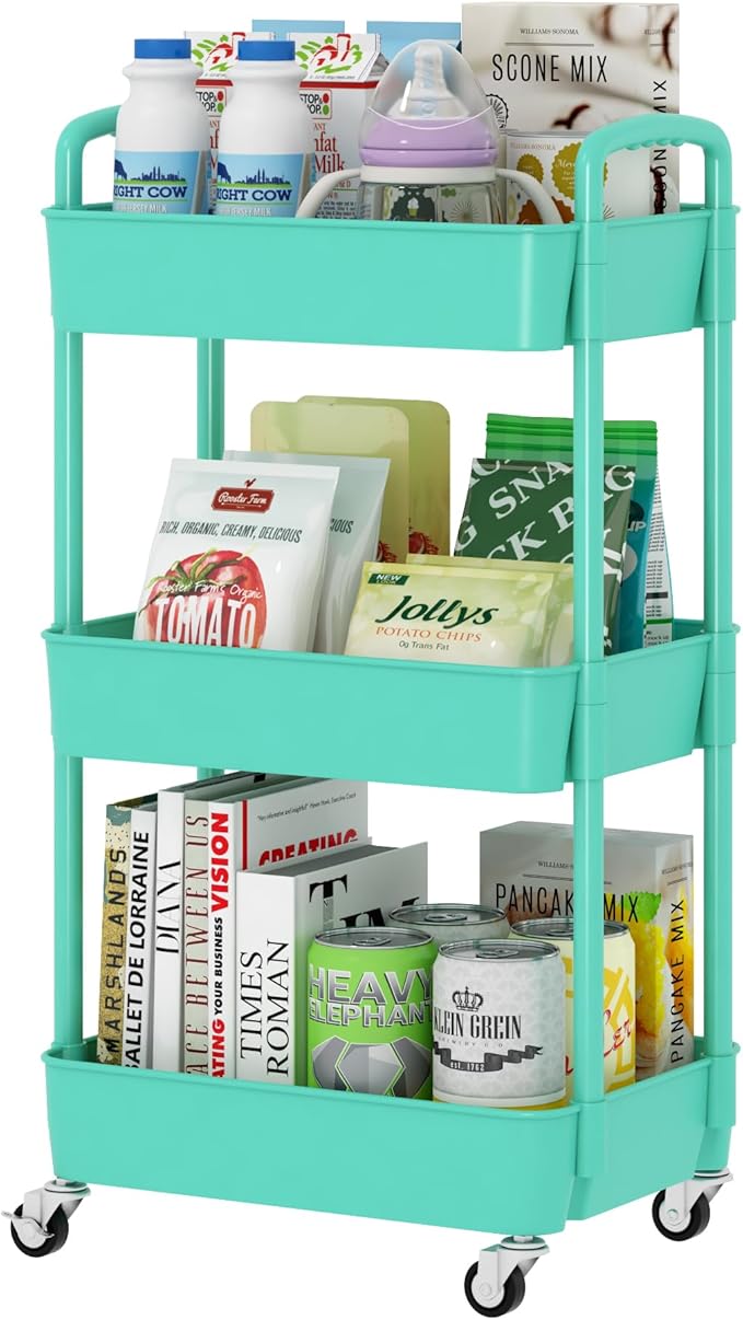 Sywhitta 3-Tier Plastic Rolling Utility Cart with Handle, Multi-Functional Storage Trolley for Office, Living Room, Kitchen, Movable Storage Organizer with Wheels, Green
