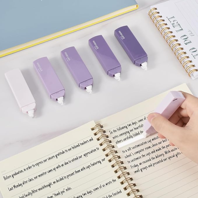 Temiary 6Pcs Mini White Out Tapes for Instant Correction, Cute Whiteout for Writing, Aesthetic Correction Tape Set Easy To Use for Students School Office Supplies (Purple)