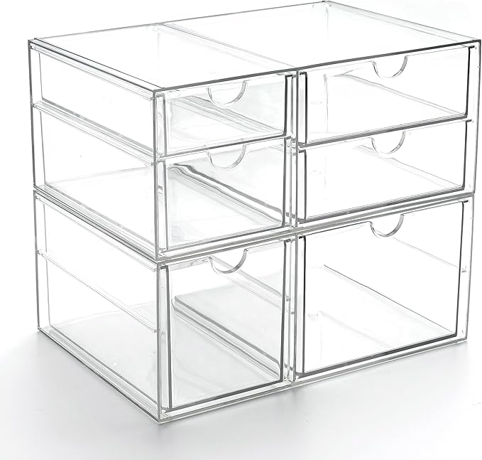 Prsildan Acrylic Drawer Makeup Organizer with 6 Drawers, Set of 2 Office Desk Organizers Accessories, Clear Stackable Storage Drawers for Vanity, Countertop, Craft, Jewelry, Art Supply Organization