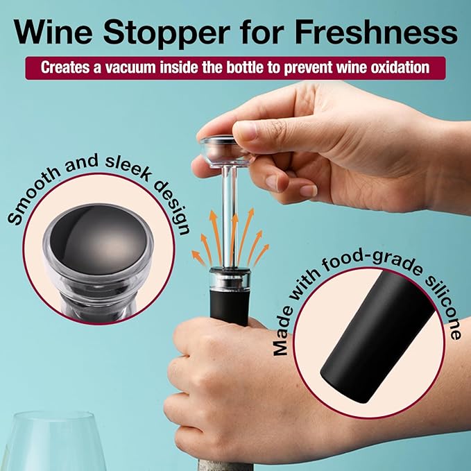 5-in-1 Electric Wine Opener Set with Wine Stopper, Wine Pourer, Foil Cutter, and Storage Base – Easily Remove Corks with the Push of a Button for Decanting and Preservation (Black VBGS)