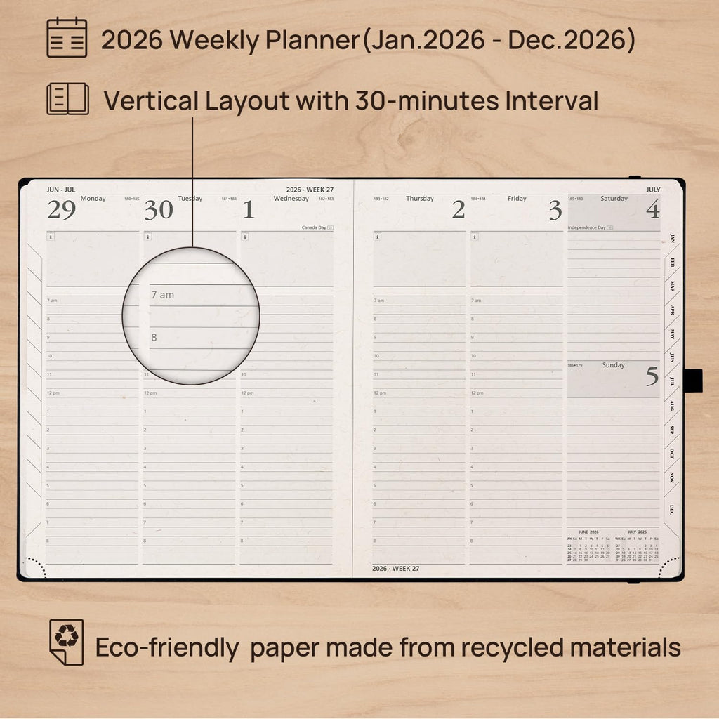 POPRUN 2026 Planner - 2026 Recycled Weekly Planner[8.5''x 10.5''- Italian Regenrated Leather Hard Cover] with Hourly Schedule & Vertical Weekly Layout, Monthly Tabs, Inner Pocket - Desert Brown
