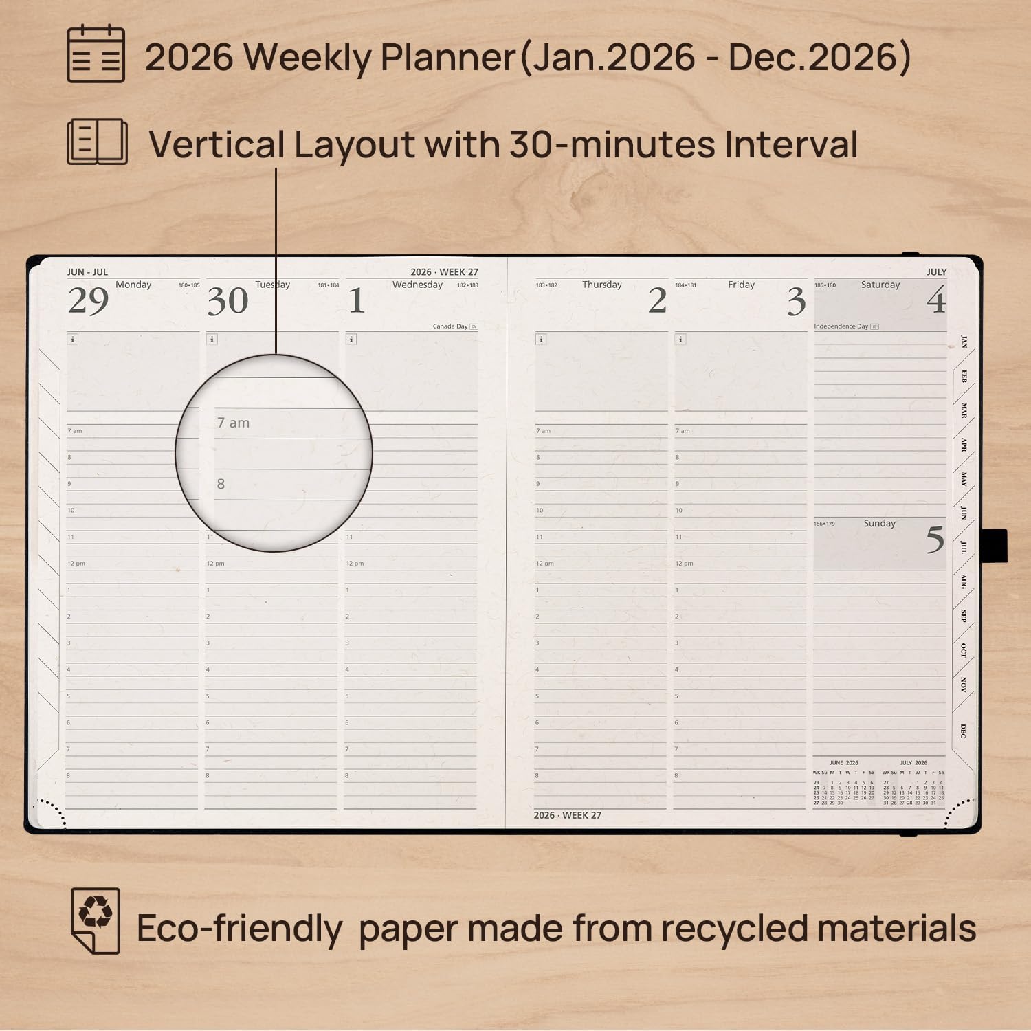POPRUN 2026 Planner - 2026 Recycled Weekly Planner[8.5''x 10.5''- Italian Regenrated Leather Hard Cover] with Hourly Schedule & Vertical Weekly Layout, Monthly Tabs, Inner Pocket - Black Grey
