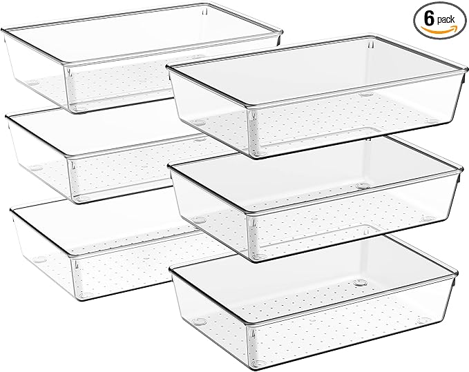 Criusia 6 Pack Large Size Clear Plastic Versatile Acrylic Stackable Drawer Organizer Trays, Storage Bins for Makeup, Bathroom, Kitchen and Office