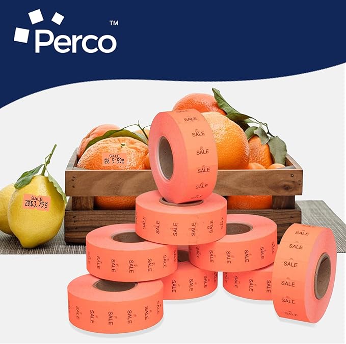 Perco 1 Line Fluorescent Red Sale Labels - 8 Rolls, 1 Sleeve, 8,000 Blank Price and Date Gun Labels for Perco 1 Line Price and Date Guns - Made in USA