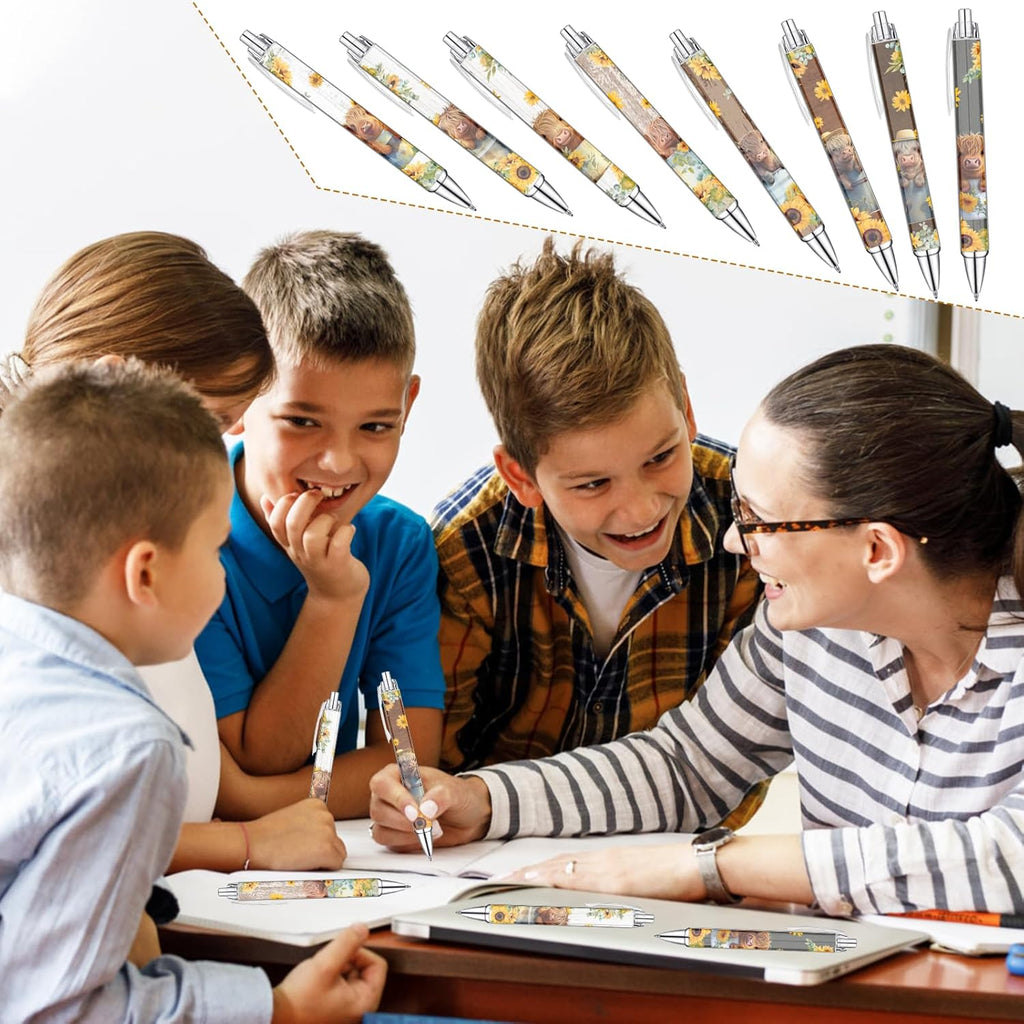 Idealmuzik 8 PCS Cute Highland Cow Print Pens, Cow Lovers Gifts, School Office Supplies, Gifts for Women Girls Teen Christmas New Year