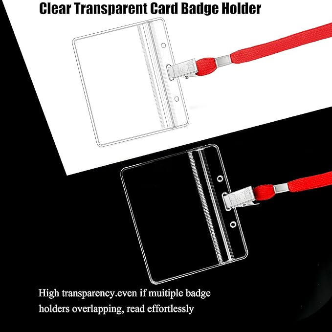 100Pcs Clear Plastic Horizontal Name Tags Badge ID Card Holders and 100Pcs Lanyards with Clip (Red)