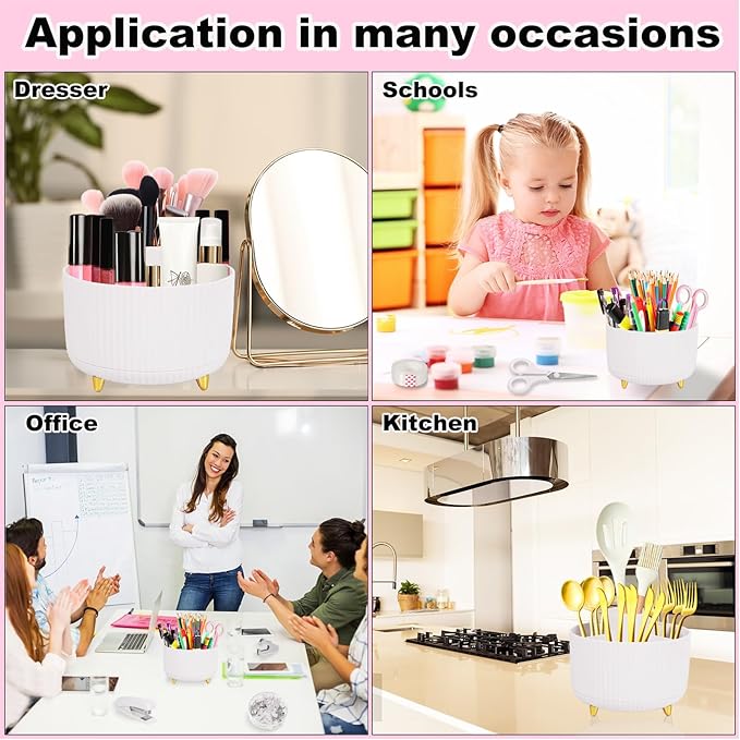White Desk Organizers and Accessories 10Pcs Set with 360-Degree Rotating Pen Holder, Tape Dispenser, Stapler, Staple Remover, 1000 Staples, Tape, Clips Set, Ruler, Scissor, Pen