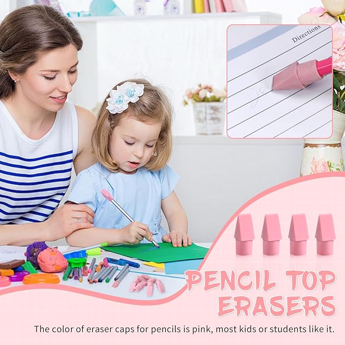 400PCS Pencil Top Eraser Bulk Caps for Pencils,Chisel Shape Erasers Toppers Assorted Colors for Party Favors Games Prizes, Pencil Top Erasers Cap for Home School Classroom Office, Pink