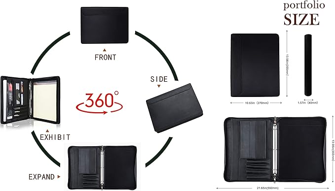 Free Engraved Name, Custom Portfolio, Genuine Leather Personalized Padfolio for Men, Engraved 3 Ring Binder Organizer, Business Portfolio with A4 Writing Pad, Handmade Customized Gifts, Black