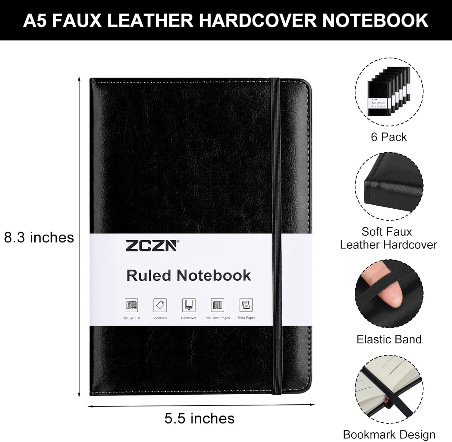 ZCZN Lined Journal Notebooks for Work, 5.5x8.3 in, 192 Pages, Hardcover Leather A5 Journals for Writing, Diary & Travel, College Ruled Journaling Notebooks for School, Office, Home (Black*6)