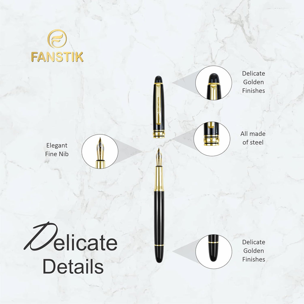 Customized Fountain pen with name (MADE IN USA), stainless steel, black and gold, luxury engraved pen personalized for men and for women. (Fountain Black-Gold)