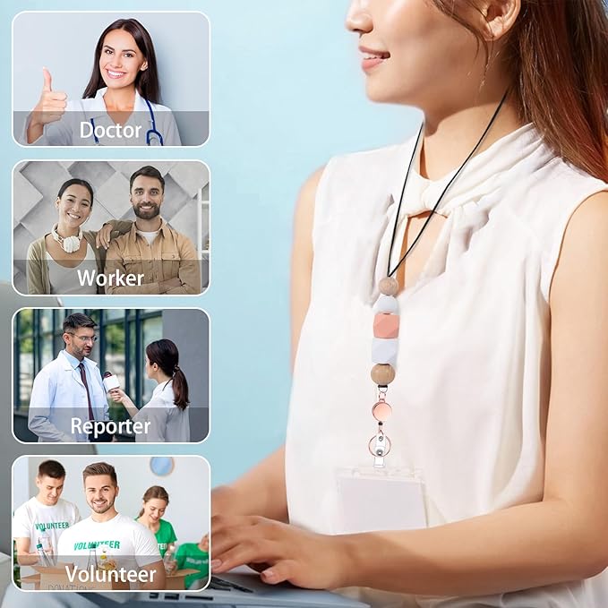 9 in 3 Set Retractable Lanyard for ID Badges with ID Holder Wooden Beaded Lanyards for Women Teacher Appreciation Gifts Office Gift for Coworkers