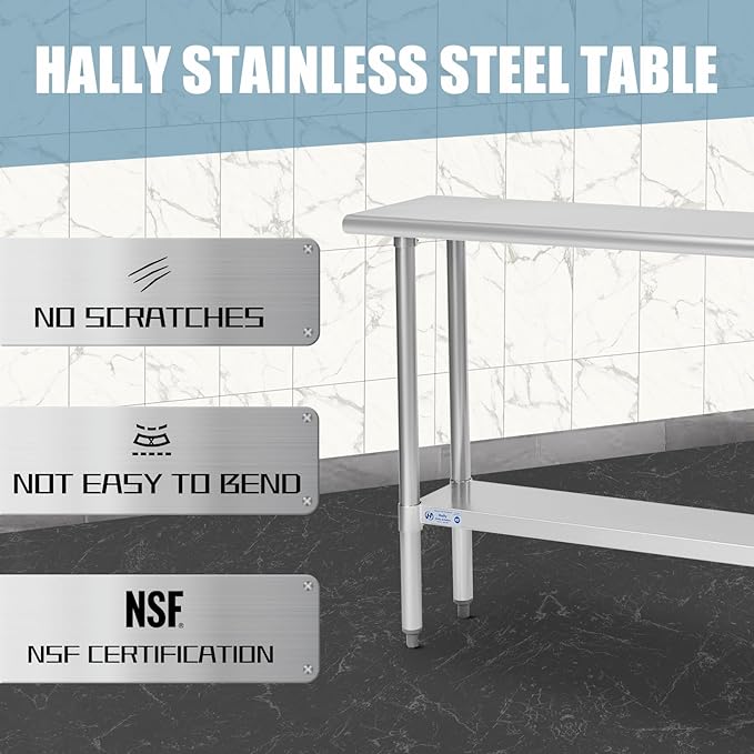 HALLY Stainless Steel Table for Prep & Work 14 x 72 Inches, NSF Commercial Heavy Duty Table with Undershelf and Galvanized Legs for Restaurant, Home and Hotel