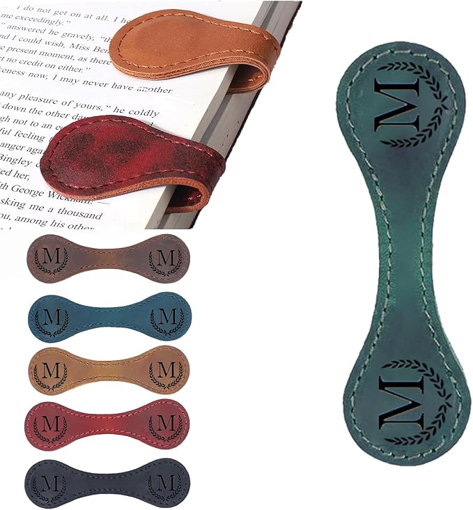 Personalized Magnetic Leather Bookmark, 26 Letters Custom Leather Bookmarks, Handmade, Leather Magnetic Bookmark for Book Lovers Readers Women Kid(Green，M）