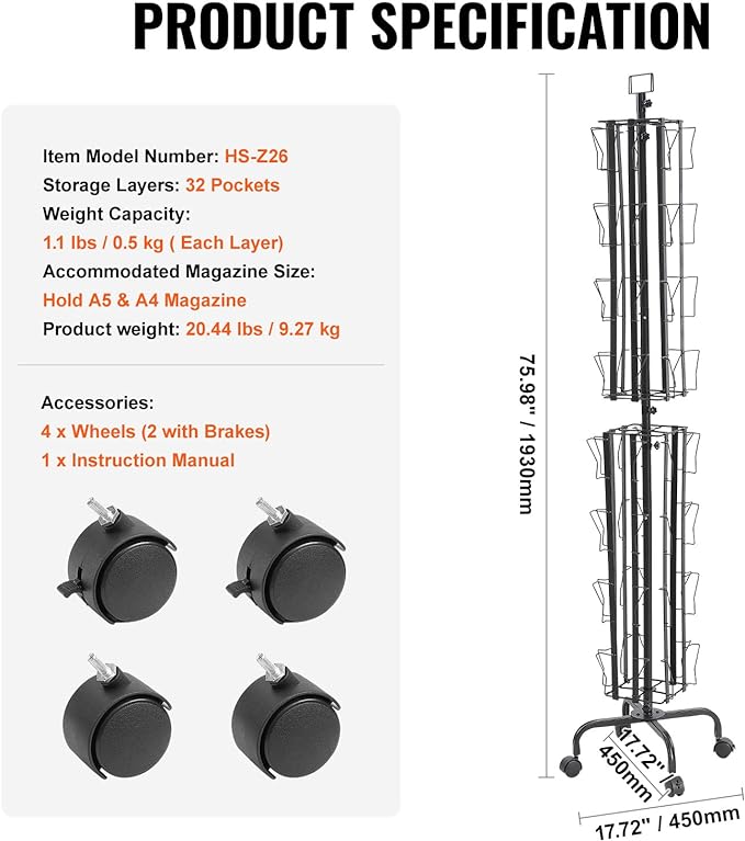 VEVOR Card Display Stand, 32-Slot Rotatable Postcard Holder, 360-Degree Spin with Title Clip & 4 Casters (2 with Brakes) for Office, Exhibits, and Fairs