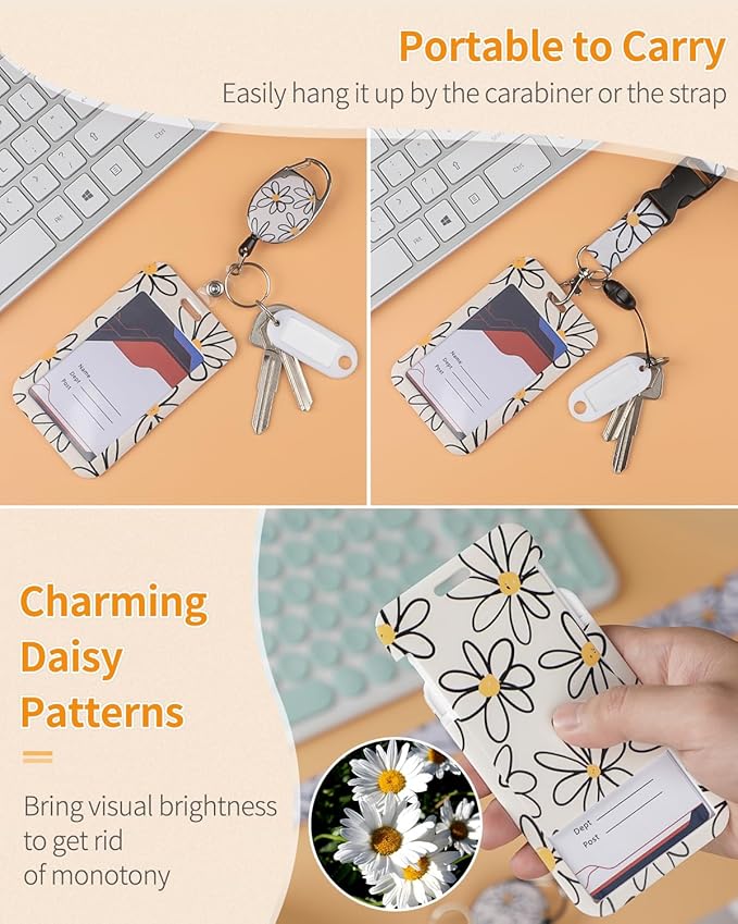 Uniclife 2 Pack Floral Sliding Badge Holder Flower Plastic Case with Retractable Badge Reel Carabiner Clip and Detachable Lanyard Strap Hard Vertical Card Protector for Women Nurse Teacher