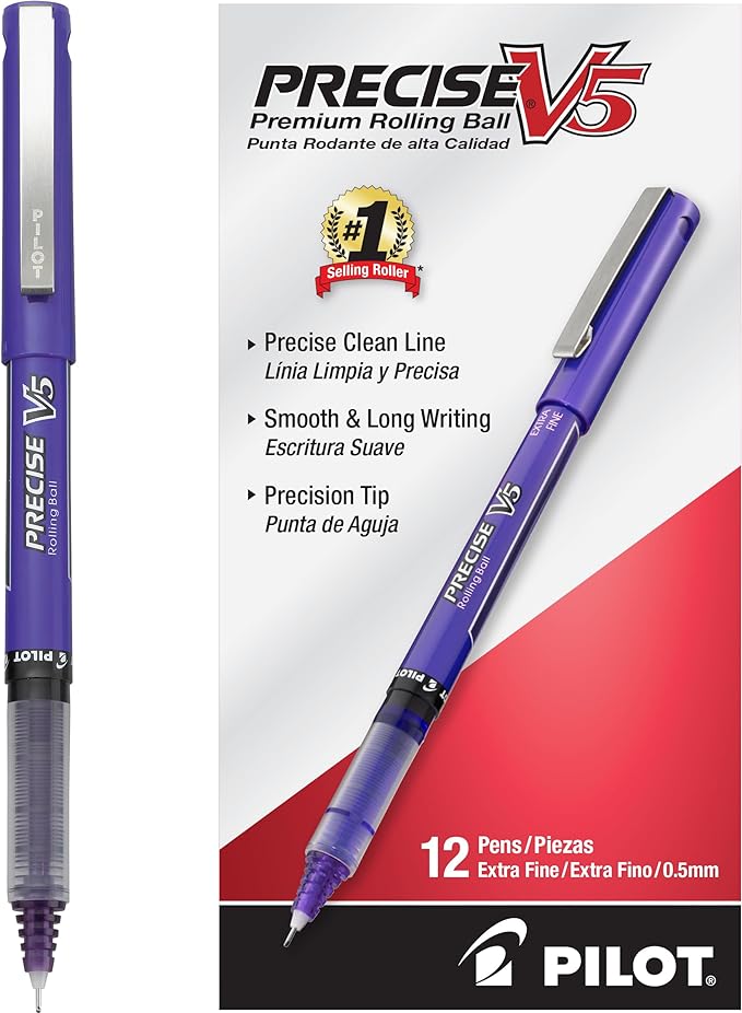 Pilot, Precise V5, Capped Liquid Ink Rolling Ball Pens, Extra Fine Point 0.5 mm, Purple, Pack of 12