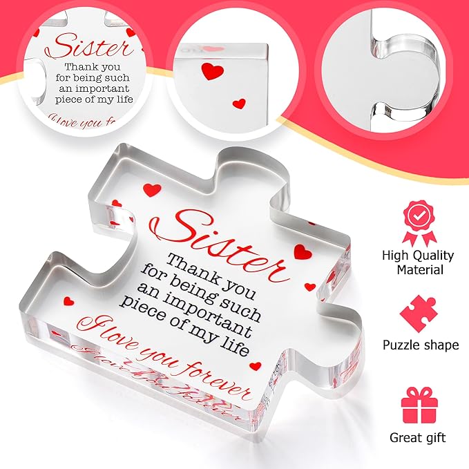 VELENTI Birthday Gifts for Sister - Engraved Acrylic Block Puzzle Sister Present - Cute Birthday Gifts from Sister,Paperweights Happy Birthday Sister Gift from Brother