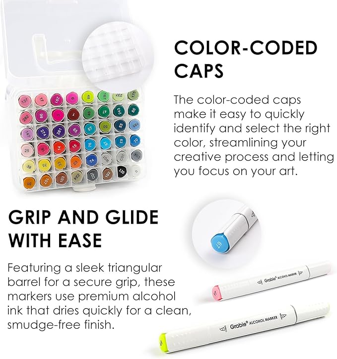 Grabie Alcohol Based Marker with Case and Coloring Book, 48-color Double Tipped Alcohol Markers, Chisel & Brush Alcohol-based Art Marker Set for Adults Coloring Illustration