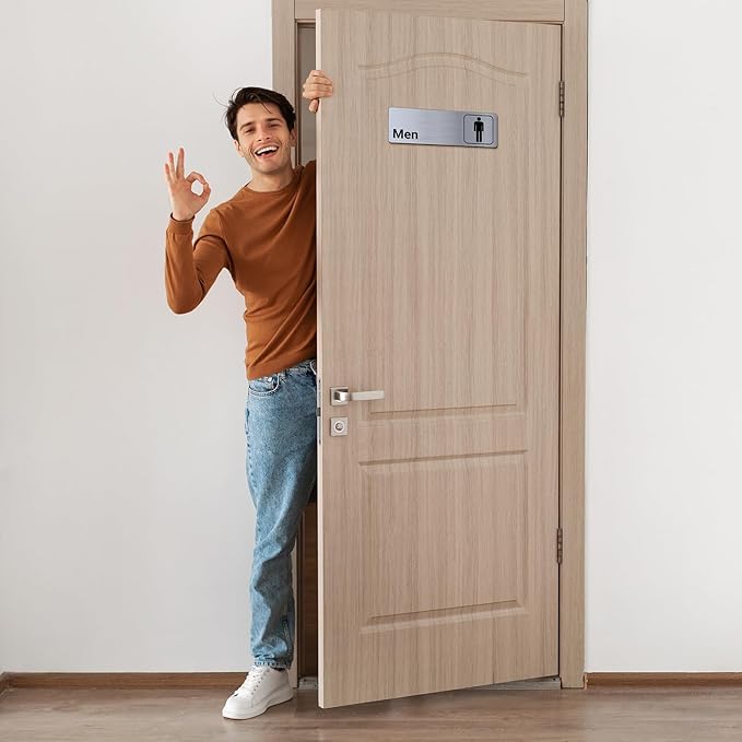 Brushed Aluminum Restroom Signs, Men and Women Modern Restroom Sign, 9 x 3 Inch Bathroom Door Signage Decor for Offices Business Restaurants (4 Pcs)