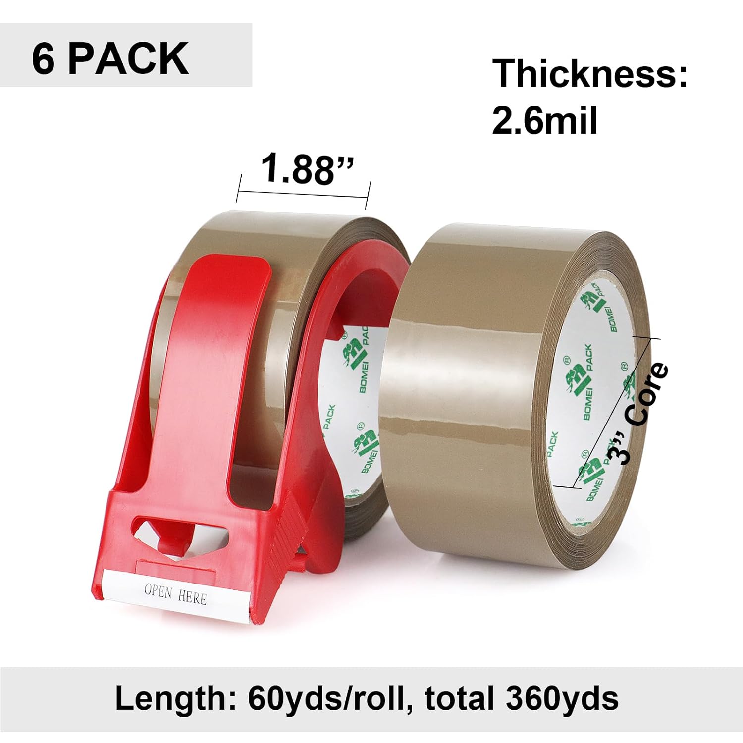 BOMEI PACK Brown Packing Tape with Dispenser, 2.6 Mil 1.88 Inch x 60 Yards, 6 Refills Rolls Moving Tape for Box Packaging, Shipping and Storage