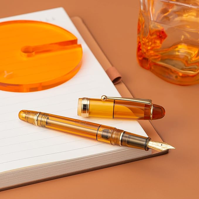 Asvine V126 Vacuum Filling Fountain Pen Medium Nib, Transparent Brown Acrylic, Large-Capacity with Gift Case