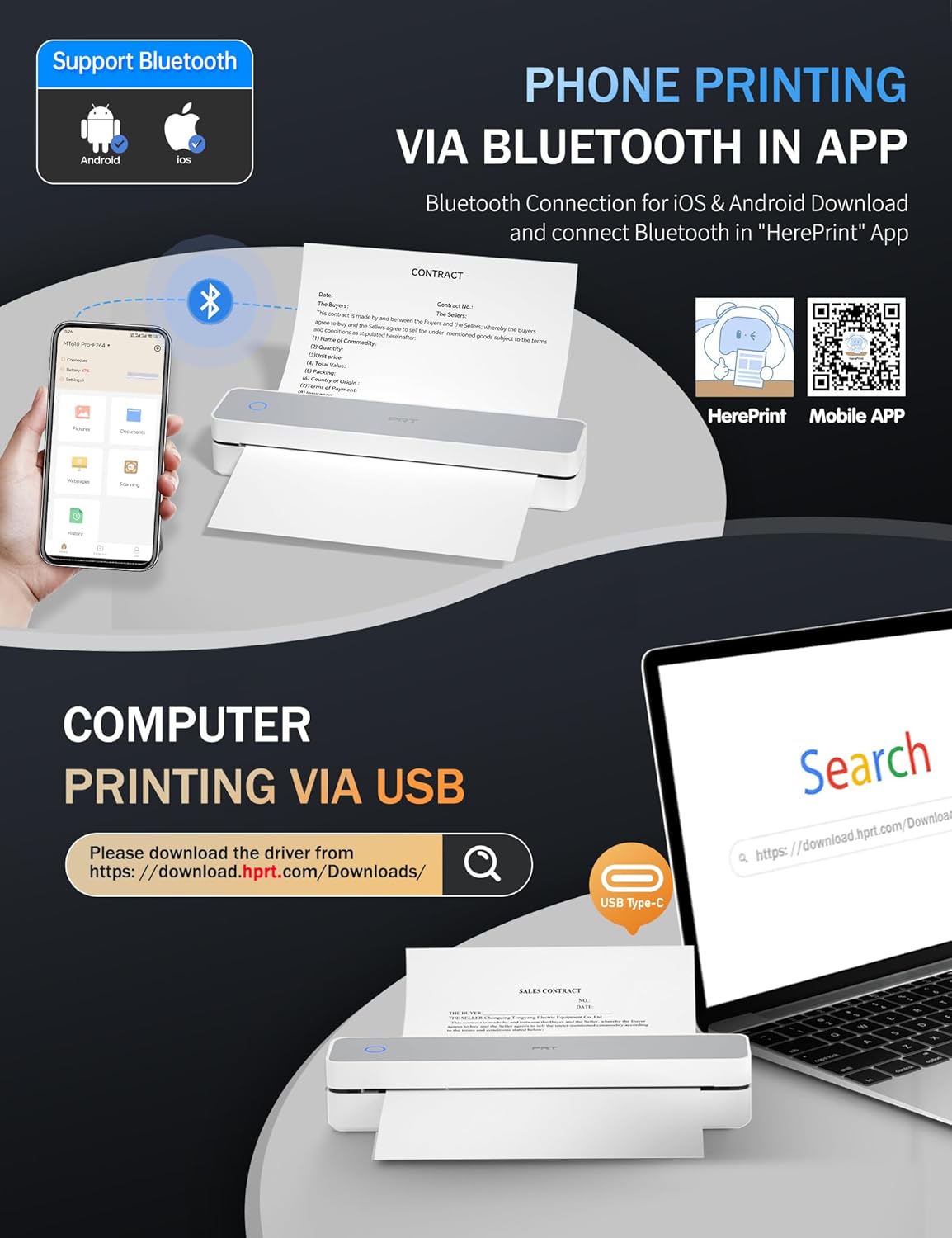 PRT Portable Printer Wireless for Travel, Inkless Bluetooth Small Mobile Thermal Printer, Support 8.5" X 11", A4, Compatible with iOS, Android, Laptop for Home Use, Office & Vehicles, 300 DPI, White