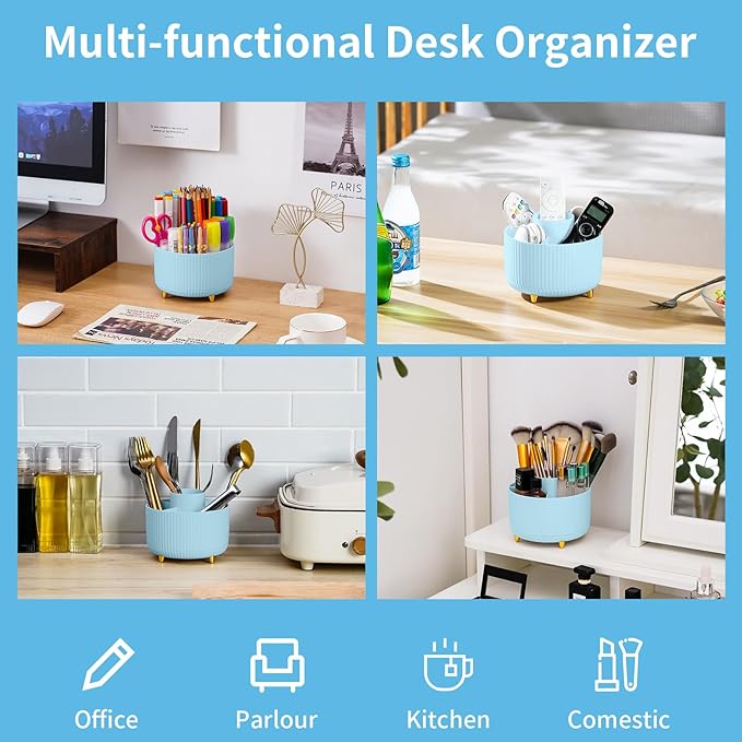 Marbrasse Desk Organizer, 360-Degree Rotating Pen Holder for Desk, Desk Organizers and Accessories with 5 Compartments Pencil Organizer, Art Supply Storage Box Caddy for Office, Home （Light Blue）