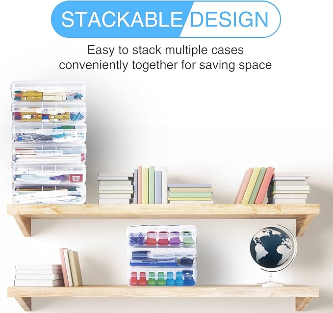 Sooez 3 Pack Pencil Case, Large Pencil Box Case, Clear Crayon Marker Box Bulk, Hard Plastic School Supplies with Snap-tight Lid, Stackable Storage Container Art Craft Organizer for Bead Pens, Clear