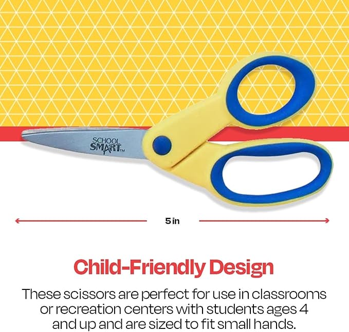 School Smart Pointed Tip Kid's Scissor, 5 Inch, Assorted Colors, Pack of 12