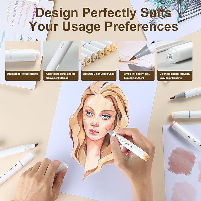 SFAIH Skin Tone Brush Tip Alcohol Markers - 12 Light Skin Colors Double Tipped Art Markers for Artist Adult Coloring Illustration, Gifts for Artist Adult, Dual Tip Brush & Chisel - Refillable Ink
