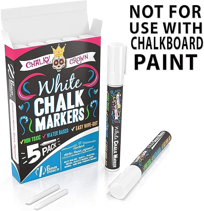 CHALKY CROWN Liquid Chalk Marker Pen - White Drawing Chalk - Chalkboard Markers for Chalkboard Signs, Windows, Blackboard, Glass - 6mm Reversible Tip (5 Pack)