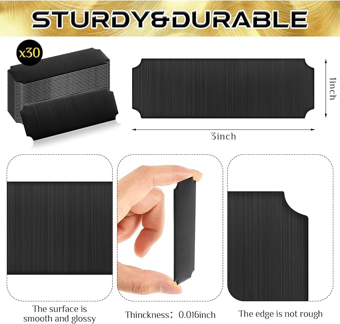 Therwen 30 Pcs Name Plates Laser Engraved Brushed Stainless Steel Plate Personalized Plaque Blank Custom Name Tag Frame Label with Adhesive Backing(Black Notched Corner,1''x 3'')