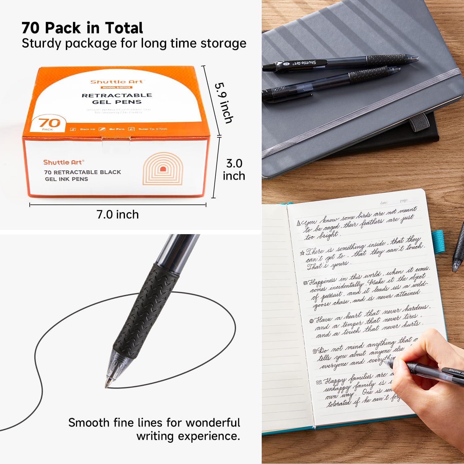 Shuttle Art Black Gel Pens, 70 Pack Retractable Medium Point Rollerball Gel Ink Pens Smooth Writing with Comfortable Grip for Office School Home Work