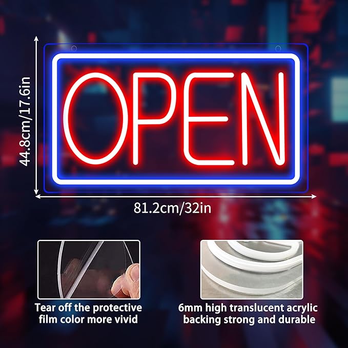 Open Signs for Business Ultra Bright LED Neon Open Signs for Business Storefront Window Glass Door Shop Store Florists Bar Salon Pubs with ON/OFF Switch (Blue/Red, 32 Inch)