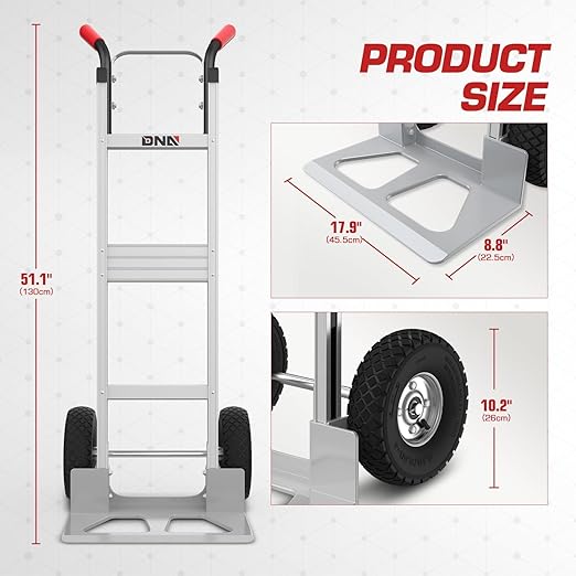 DNA MOTORING Aluminum Hand Truck, 550lbs Capacity Heavy Duty Dolly Cart for Home, Workshop, Office, Warehouse, w/Pneumatic Tire, TOOLS-00749