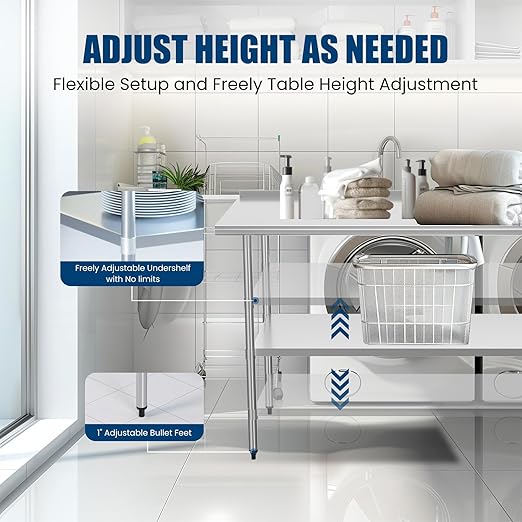 Stainless Steel Table 24 x 60 Inches Metal Prep Table with Backsplash & Adjustable Undershelf for Commercial Kitchen, Outdoor, Restaurant, Hotel & Garage