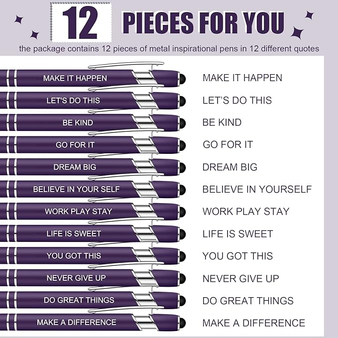Zonon 12 Pieces Inspirational Pens Bulk Easter Basket Stuffers Motivational Quotes Ballpoint Pens with Stylus Tip Inspirational Gifts for School Office Teachers(Dark Purple,Motivational Style)