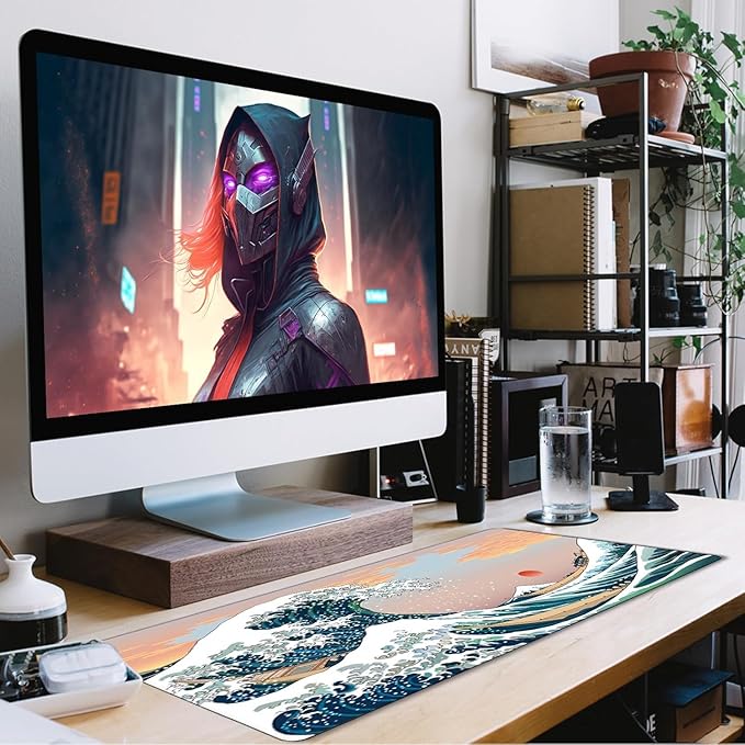 Japanese Large Mouse Pad,Desk Mat Large Office Desk Pad, Extended Large Mouse Mat for PC, Stitched Edges Gamer Mousepad 35.4 X 15.7 Inch Long Mice Pad, Sunset Sea
