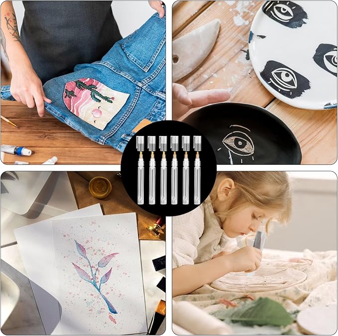 KALIONE Acrylic Paint Markers, 6 Empty Paint Markers, 3 Pcs 3mm and 3 Pcs 6.5mm White Paint Pens Empty Acrylic Marker, Empty Paint Markers for Painting, Rock Painting, Glass, Graffiti Paper Drawing