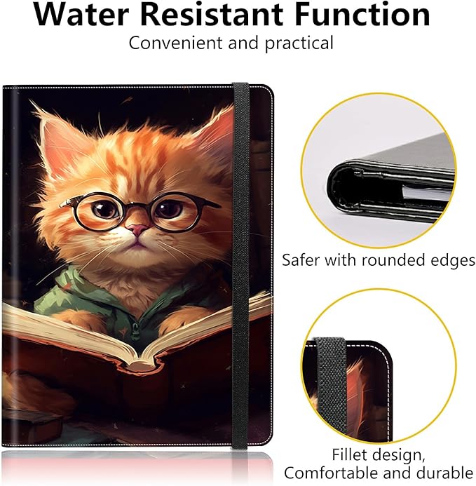 PU Leather Padfolio Clipboard Notepad with Pen Loop and Elastic Strap Interview/Resume Document Organizer for Business School Office,Kitten with Glasses