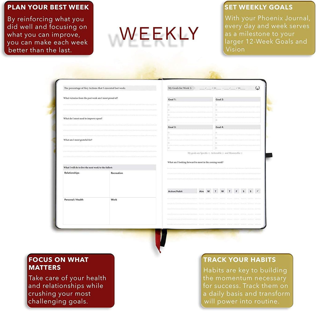 The Phoenix Journal - Best Daily Goal Planner, Organizer, & Calendar for Goal Setting, Gratitude, Happiness, & Productivity - Vision Board & Habit Tracking - 12 Weeks, Undated, Hardcover (Classic)