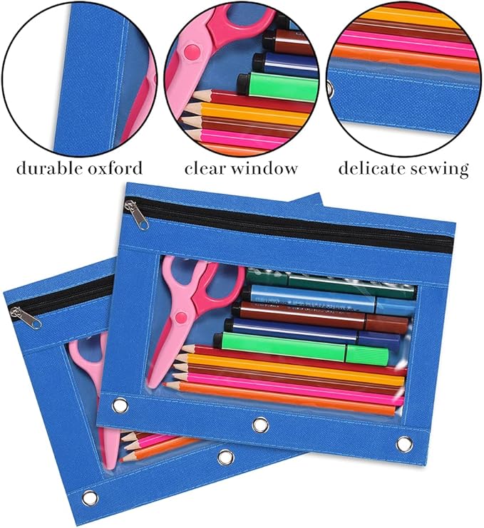 YoeeJob Binder Pouches for 3 Ring Binder, Pencil Pouch Pen Holder Case with Clear Window, Zipper Stationery Bag for School Class Office,24 Pack, Blue