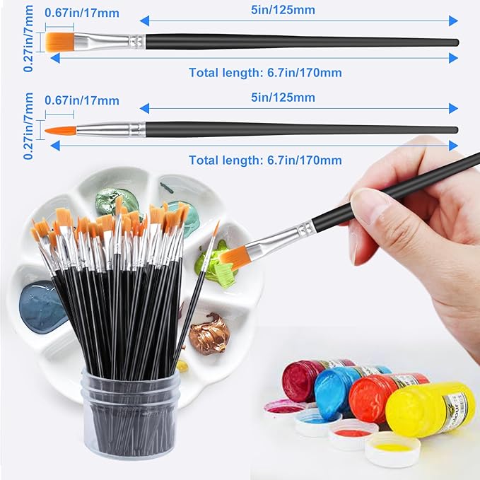 AROIC Small Paint Brushes Bulk,110 Pcs Black Nylon Hair Paint Brushes with Flat and Round Pointed Acrylic Paint Brush Set,Craft Oil Watercolor Face Artist and Kids Painting Kits