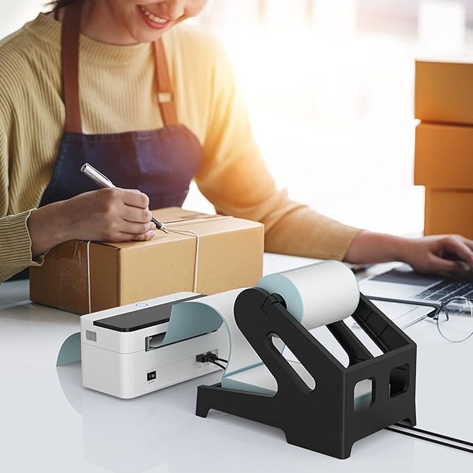 Label Holder Thermal Label Holder for Rolls and Fanfold Labels Shipping Label Stand Desktop Printer Accessory Supplies for Home, Office (Black)