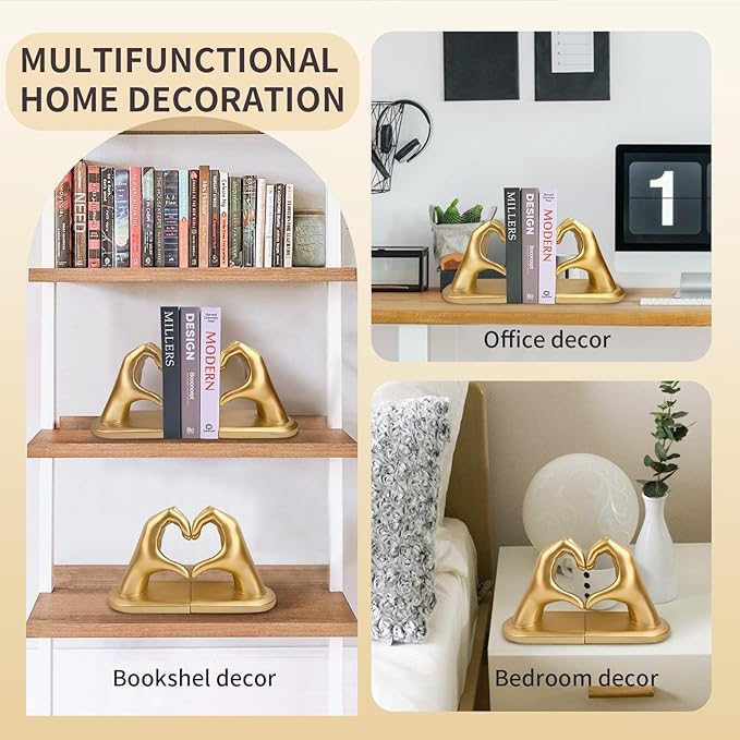 Gold Decorative Bookends for Shelves, Heart Hands Book Ends Sculpture Aesthetic Decor for Bedroom Living Room Merch Apartment Bookshelf Birthday Women Decorations Stuff Aesthetic