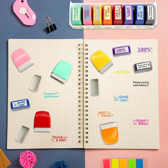 Teacher Stamps for Grading Motivational Teacher Self-Inking Stamp Set Encouraging Signature Stamp for Classroom Supplies 8 Packs Multicolor