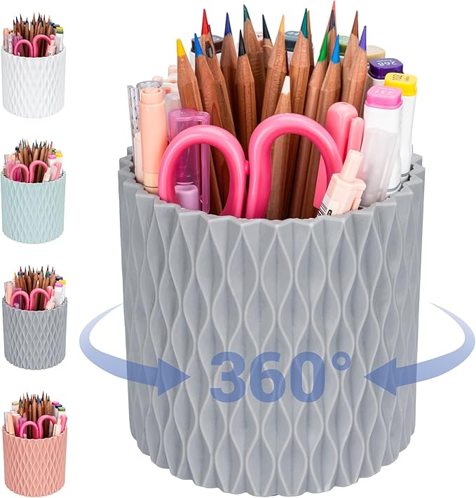 Pencil Holder For Desk - 360° Rotation, 5 Slot Desk Supplies For Women Office Aesthetic. Pencil Holder For Office&School, Desk Accessories(Grey)