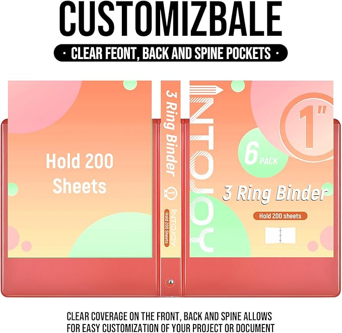 3 Ring Binder 1 Inch, IntoJoy 6 Pack Clear View 3 Hole Binder PVC-Free Fits 8.5x11 Inch Paper Flexible Round Ring Binders for School Office Home Binder Supplies (Orange)